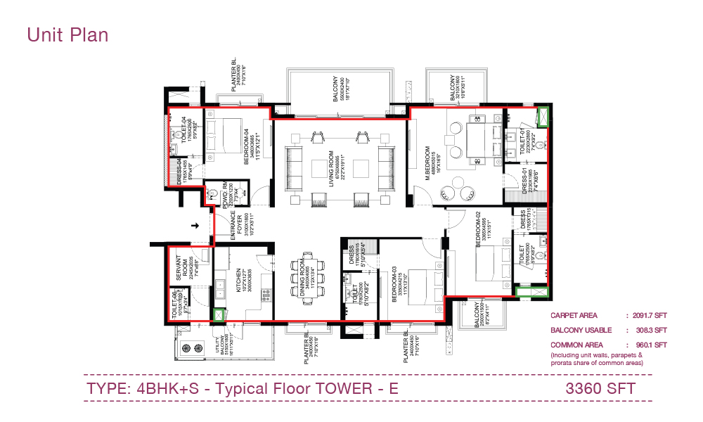 4BHK+S Tower E unit plan