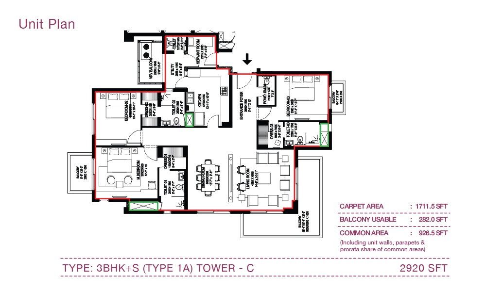3BHK+S Tower C Type 1A unit plan