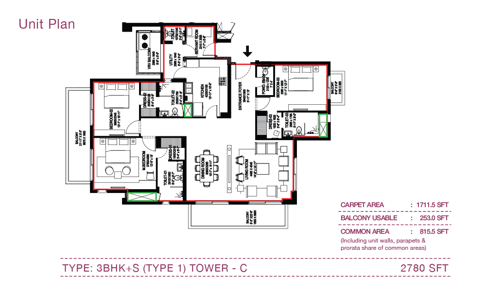 3BHK+S Tower C Type 1 unit plan