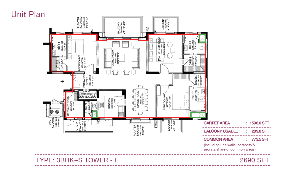 3BHK+S Tower F unit plan