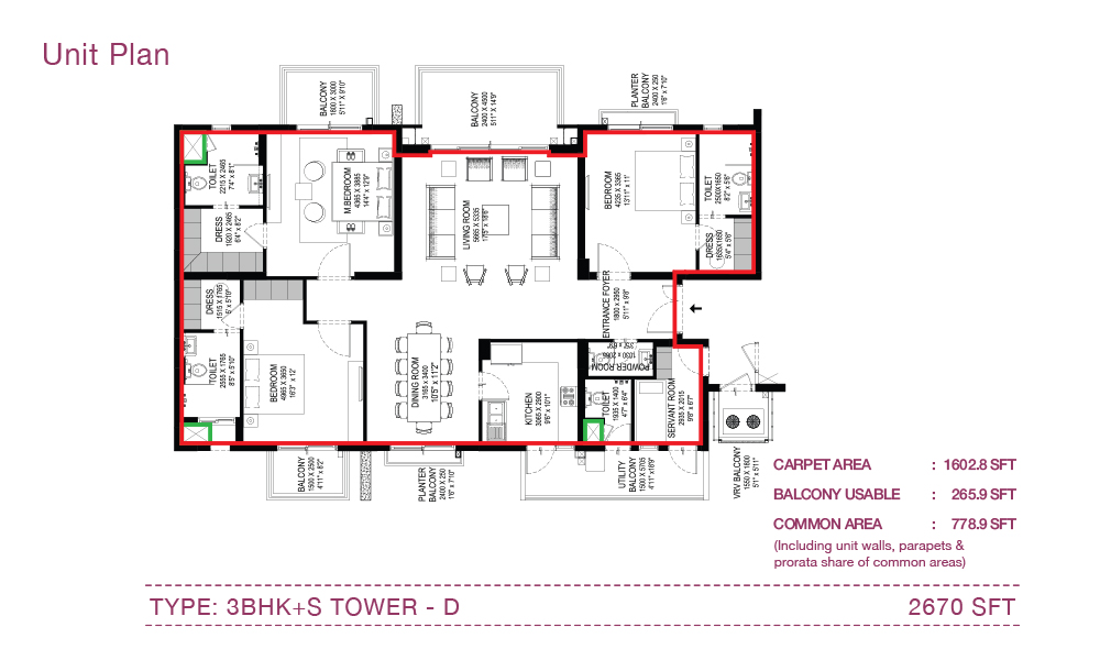 3BHK+S Tower D unit plan